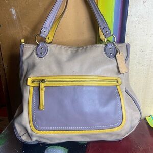 Stylish Coach Beige and Yellow Leather Women's Bag Purse Tote Hobo